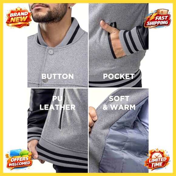 Men's Varsity Bomber Jacket Classic Retro Sporty Casual Lightweight Faux Suede - Picture 5 of 7